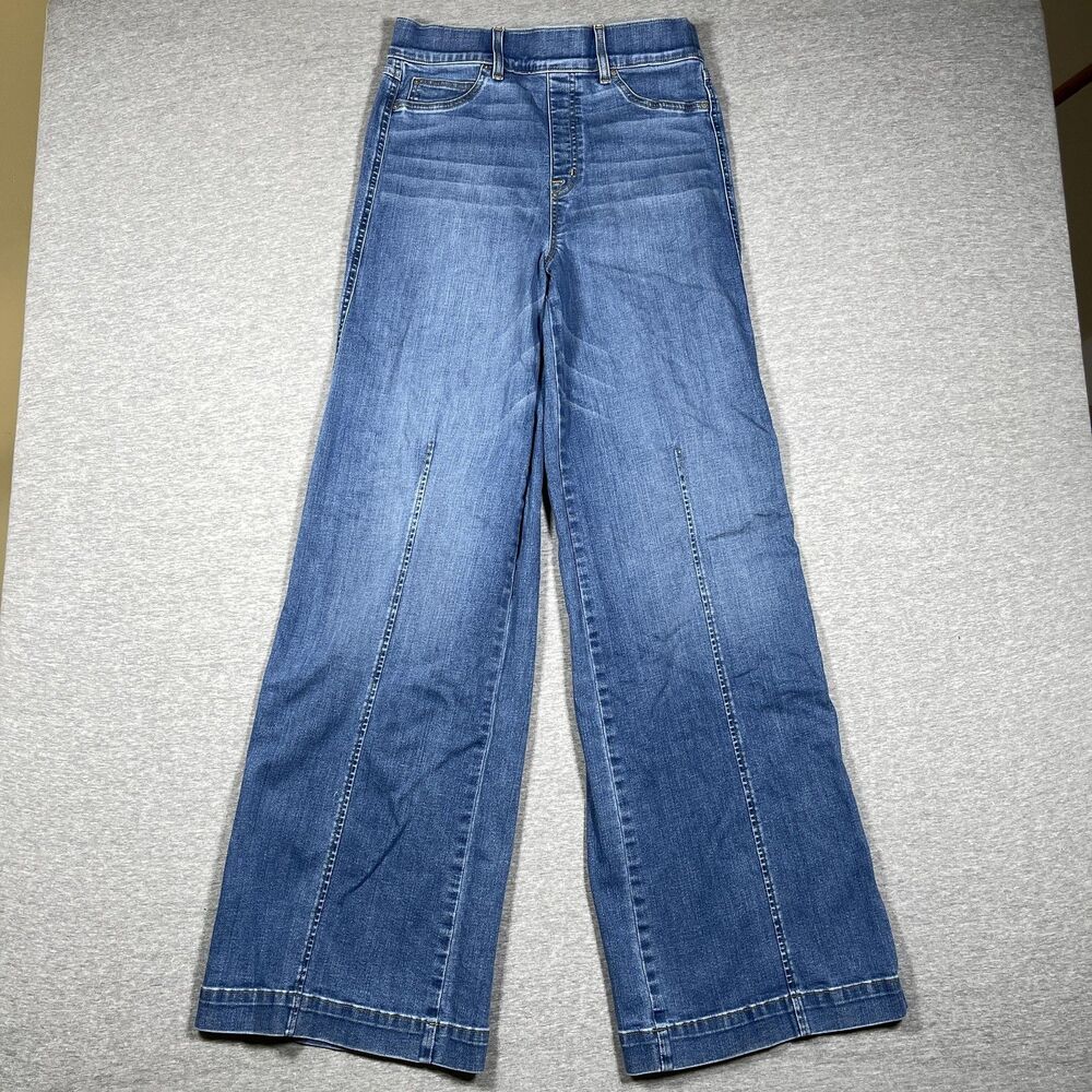 Spanx Jeans Womens L Blue Wide-Leg High Rise Relaxed Fit Stretch Denim